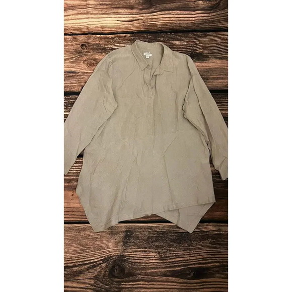 J. Jill Women's XL Beige‎ Linen Asymmetrical Hem V-Neck Collared Tunic Blouse - Picture 1 of 3